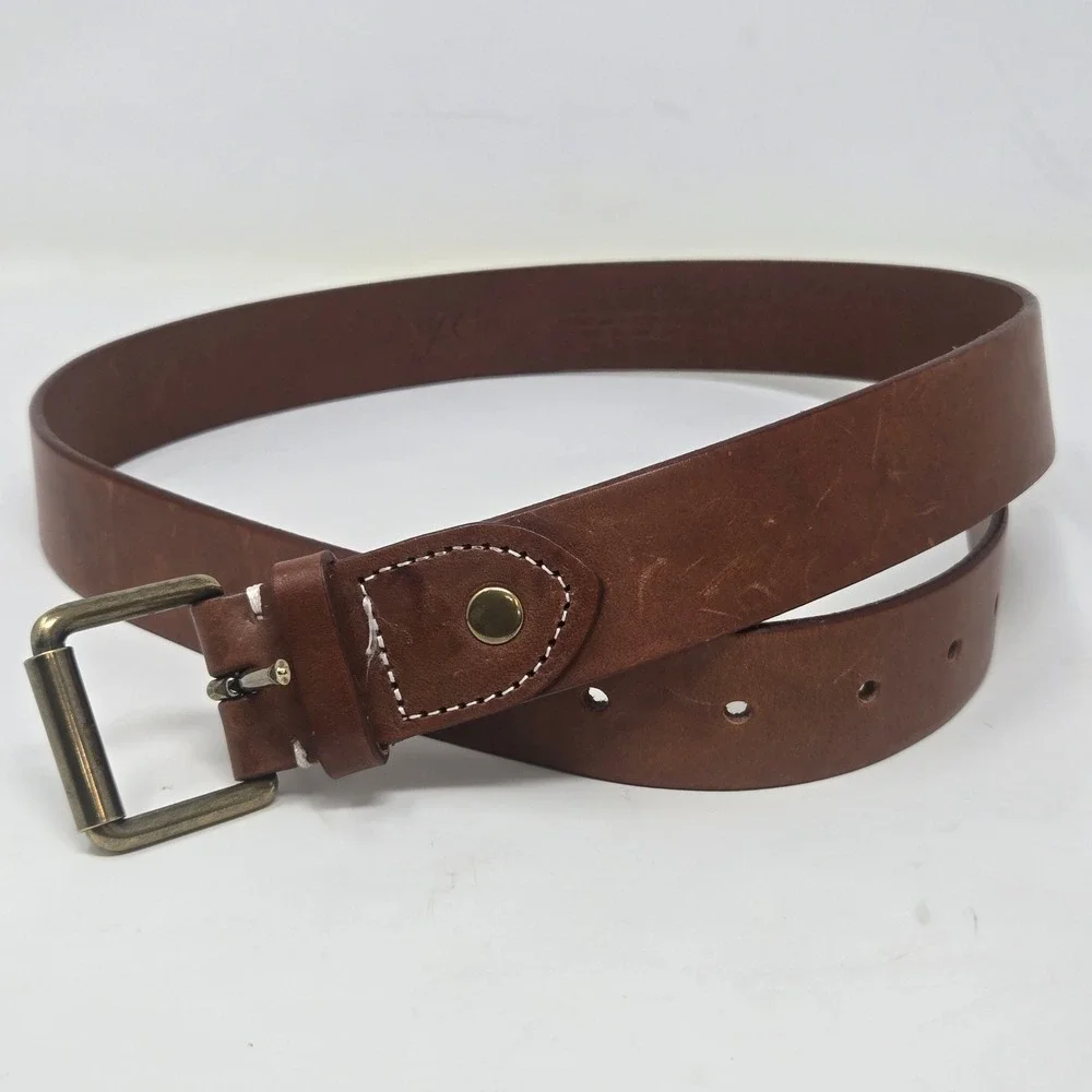J.Crew Mens Brown Italian Leather Belt Size 32 Brass Roller Buckle Stitch Detail